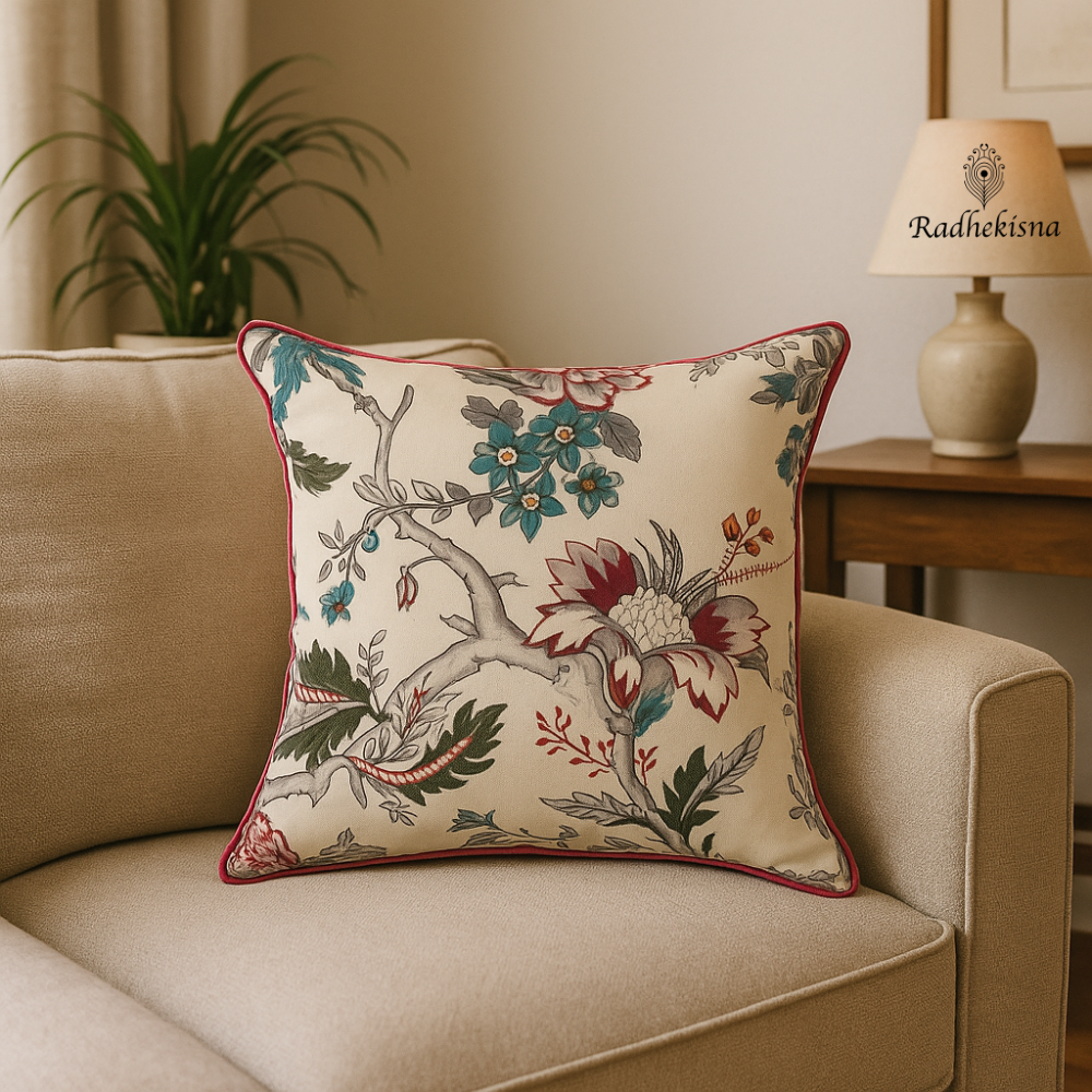 RadheKisna Vintage Floral Cotton Cushion Cover (12x12") — Soft Elegance for Cozy Spaces - Radhekisna