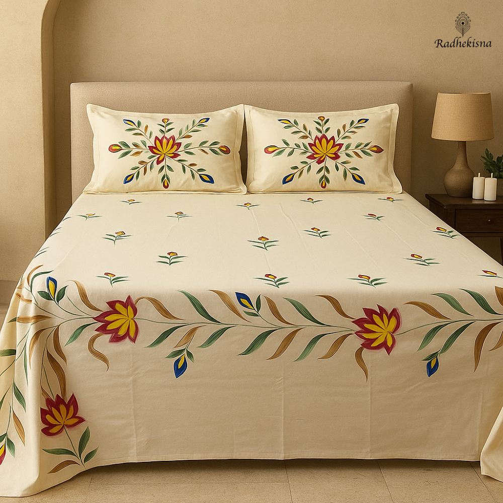 RadheKisna Folk Flora King Bedsheet Set — Hand-Painted Folk Art Elegance - Radhekisna