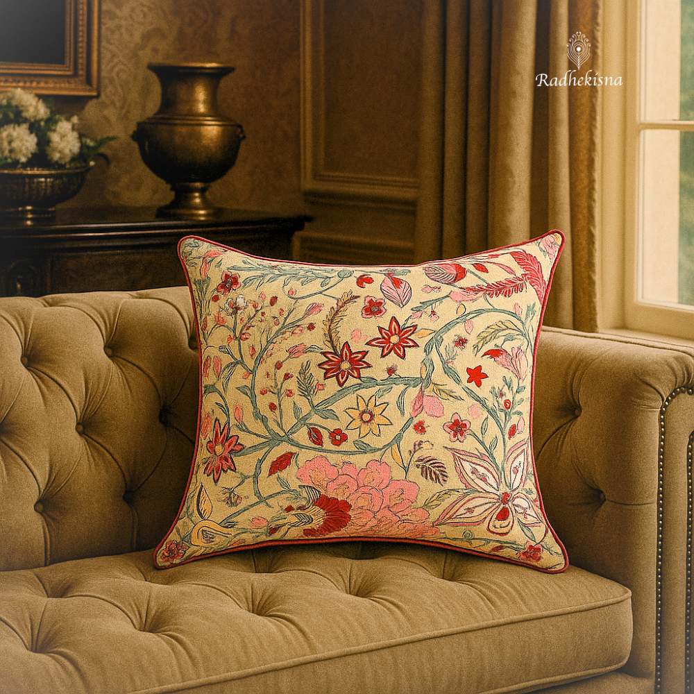 Rosy Bloom Cotton Cushion Cover (16x16") — Vibrant Floral Warmth | RadheKisna - Radhekisna