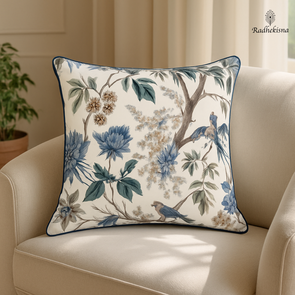 Verdant Bird & Bloom Cotton Cushion Cover (16x16") — Nature’s Calm Elegance | RadheKisna - Radhekisna