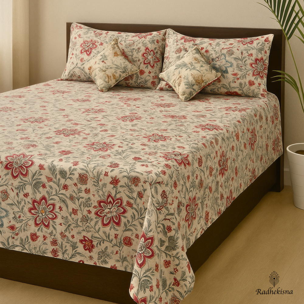 RadheKisna Vintage Flora King Bedsheet Set — 250 TC 100% Pure Cotton - Radhekisna