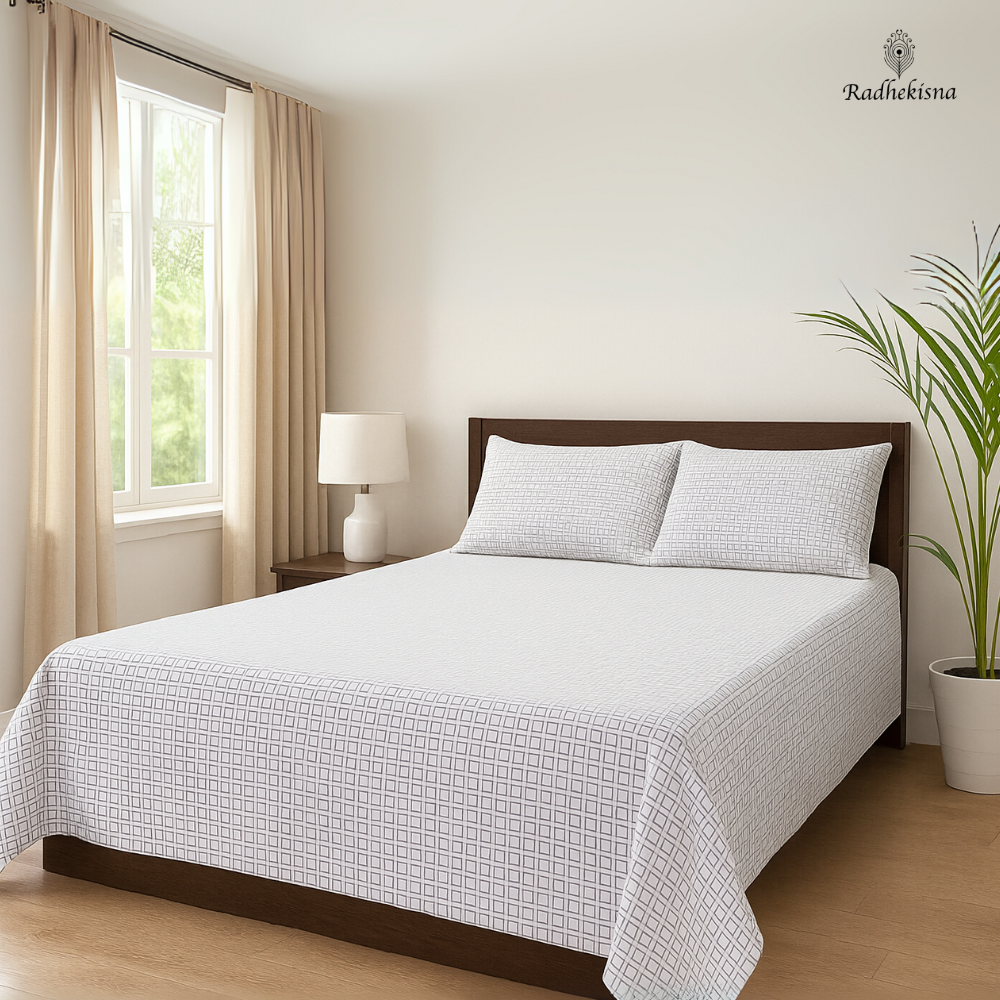 RadheKisna Textured Grid Queen Bedsheet Set — 250 TC 100% Cotton - Radhekisna