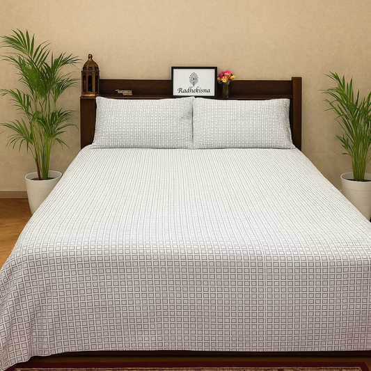 RadheKisna Textured Grid Queen Bedsheet Set — 250 TC 100% Cotton - Radhekisna