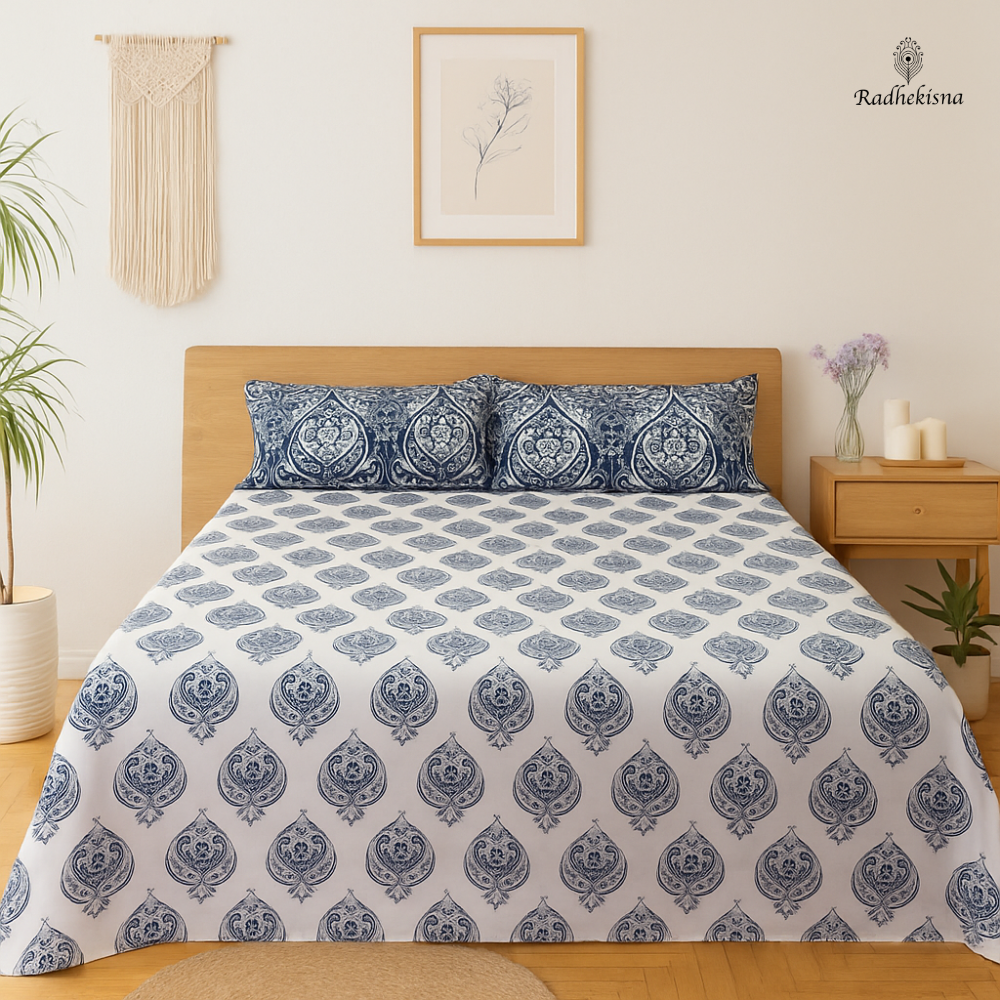 RadheKisna Indigo Paisley Super King Bedsheet – 100% Cotton Jaipuri Elegance - Radhekisna