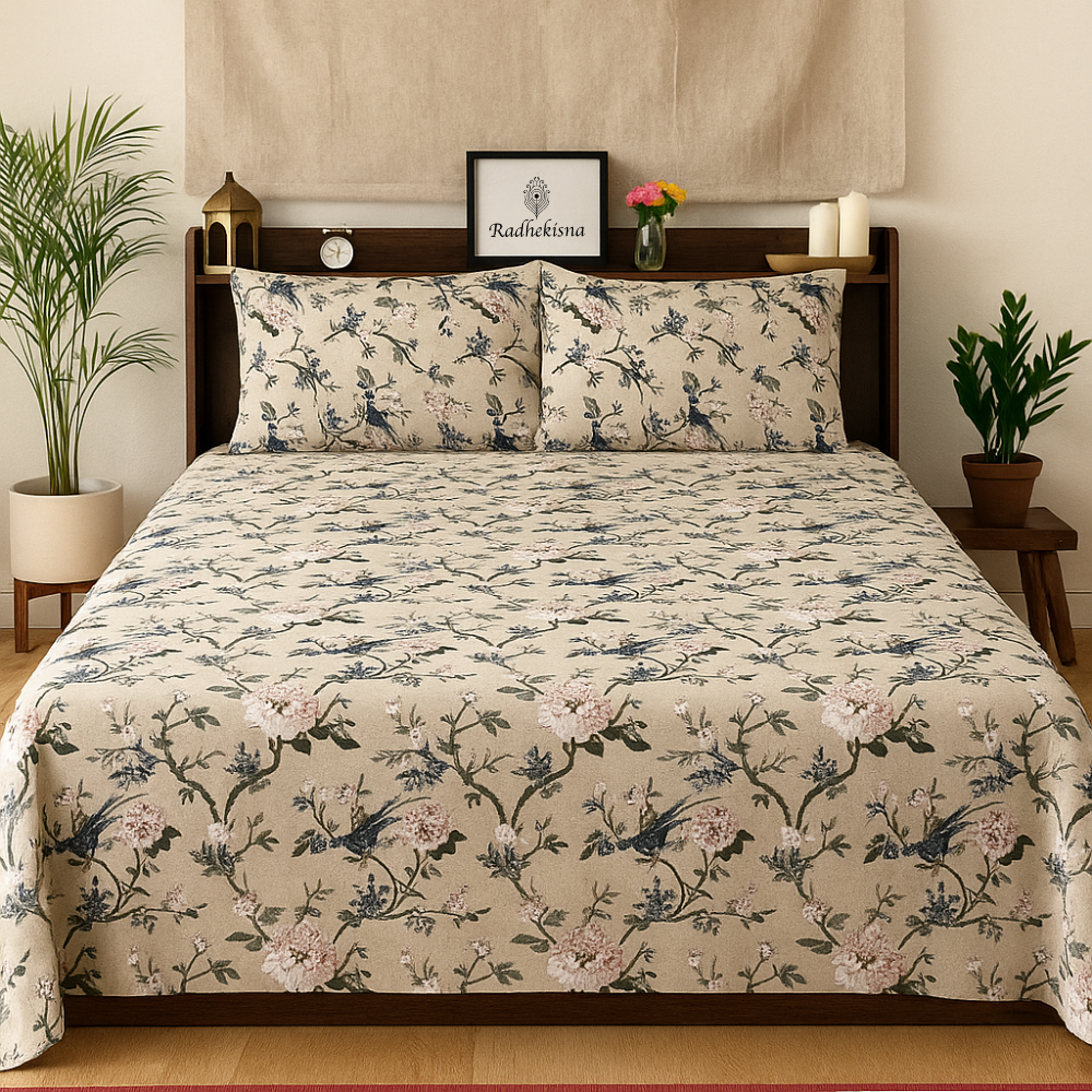 Radhekisna Vintage Bloom King Bedsheet Set — 250 TC 100% Pure Cotton - Radhekisna