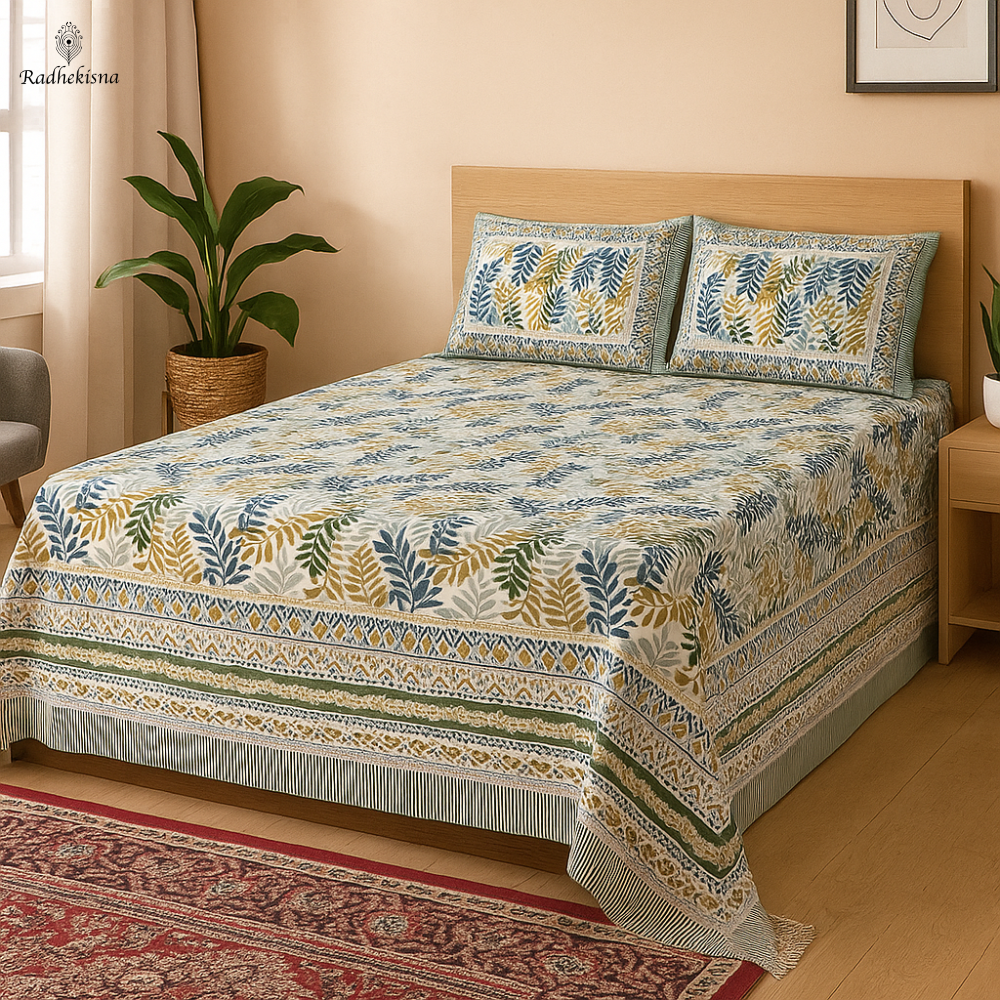 Radhekisna Heritage Leaf Weave King Bedsheet Set — 250 TC 100% Cotton - Radhekisna
