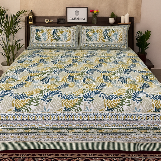 Radhekisna Heritage Leaf Weave King Bedsheet Set — 250 TC 100% Cotton - Radhekisna