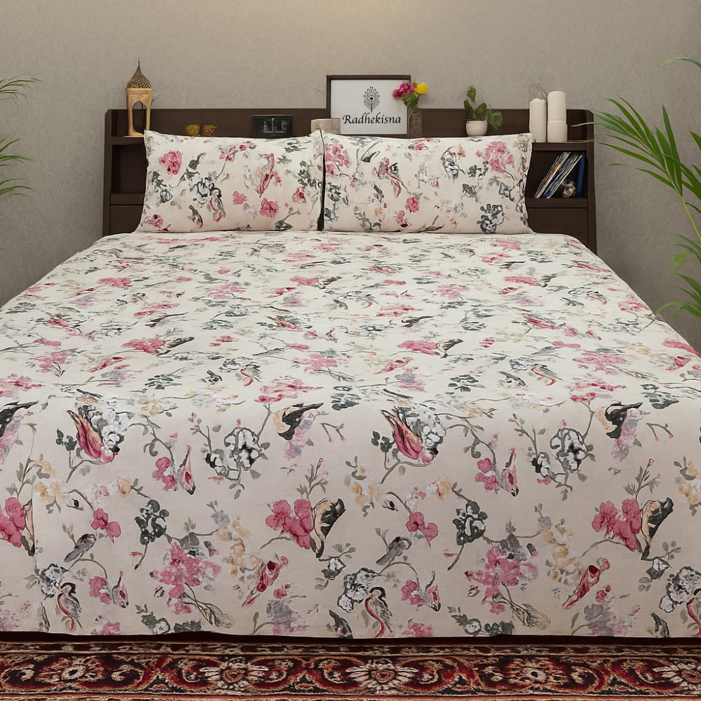 RadheKisna Floral Songbirds King Bedsheet Set — 250 TC 100% Pure Cotton - Radhekisna