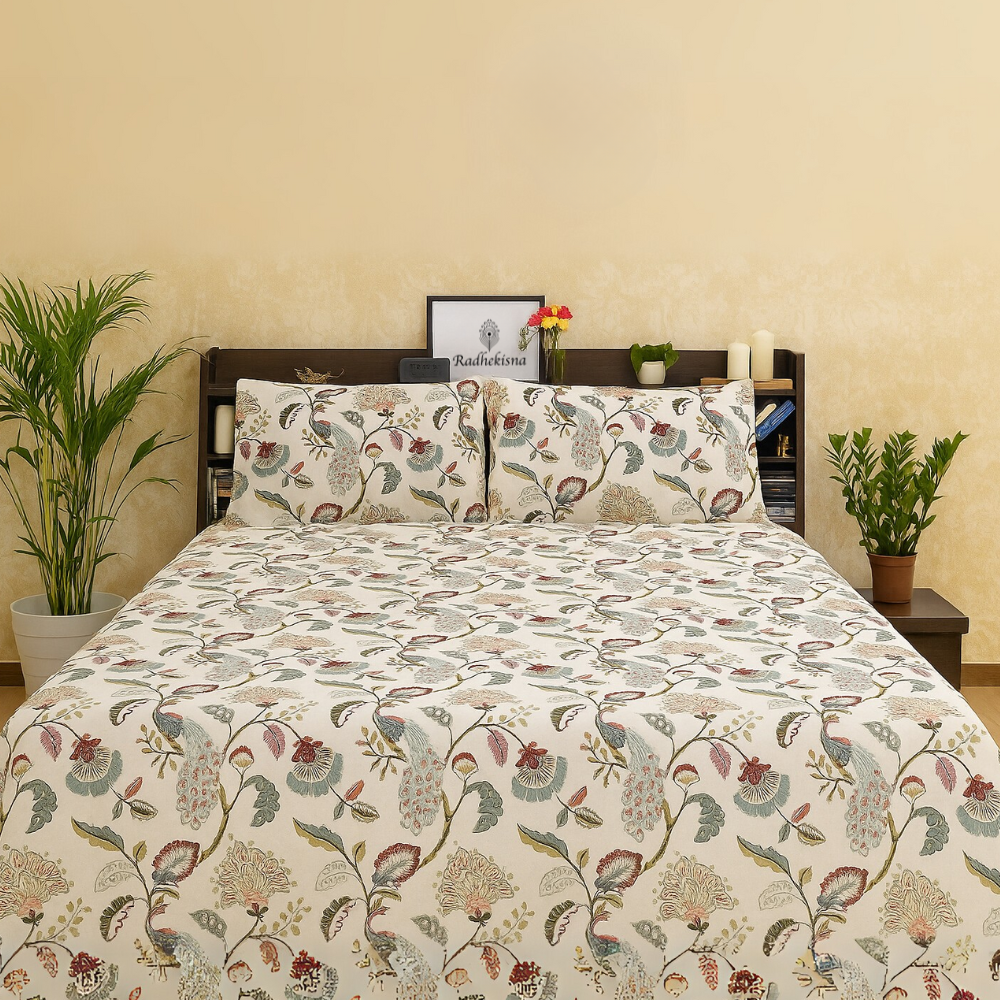 RadheKisna Peacock Bloom King Bedsheet Set — 250 TC 100% Organic Cotton - Radhekisna