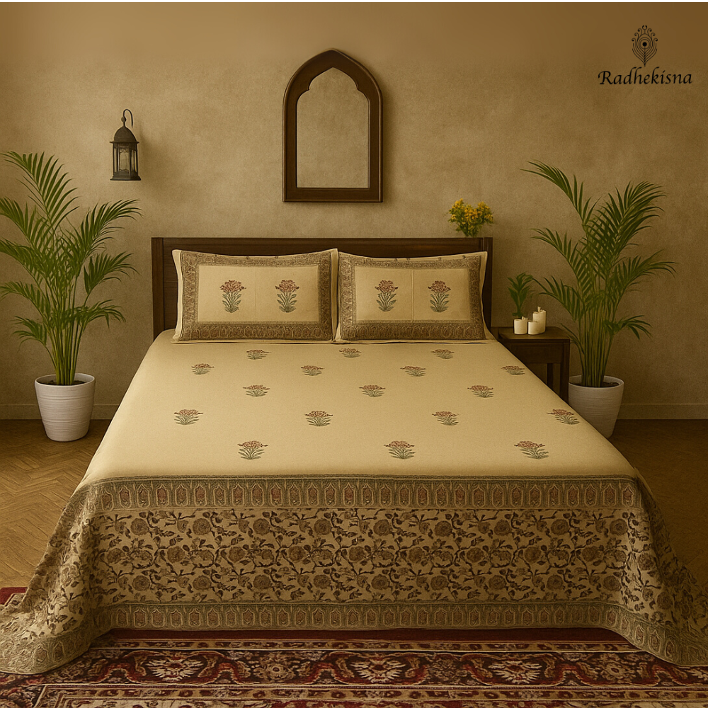 RadheKisna Artisan Bloom King Bedsheet Set — 300 TC 100% Cotton - Radhekisna