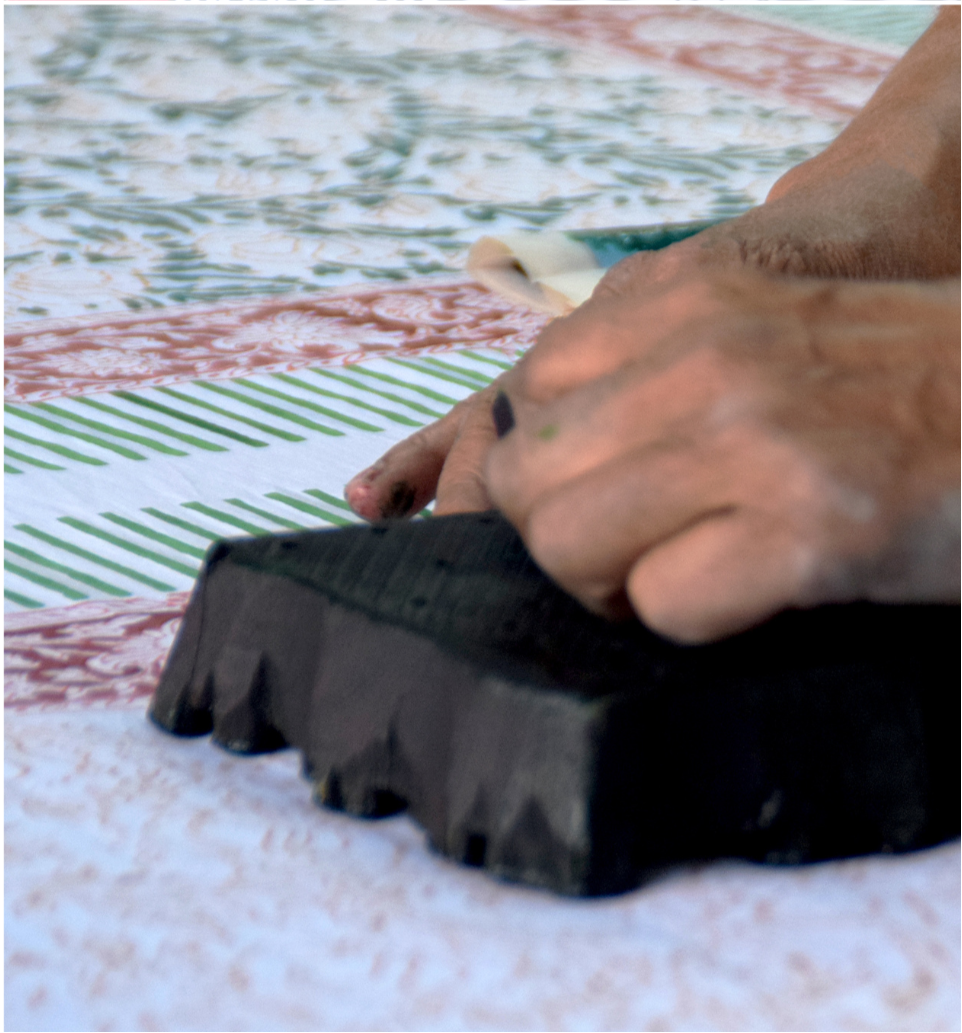 Collage of images showing traditional woodblock printing process.