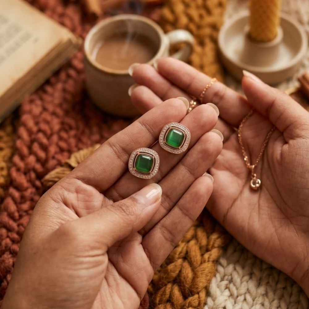 Emerald Heritage Square Studs – 18K Rose Gold PVD Anti-Tarnish Daily Earrings