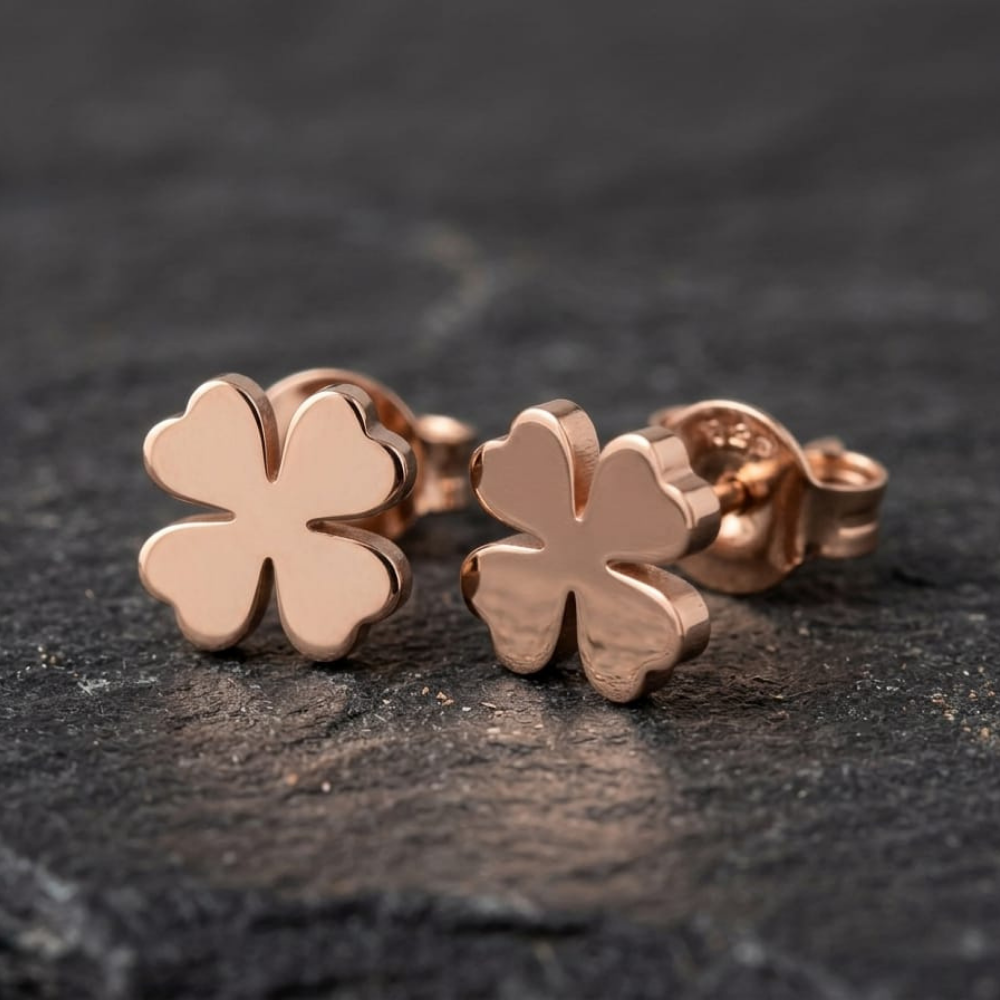 Four-Leaf Fortune Studs – 18K Rose Gold PVD Anti-Tarnish Daily Earrings