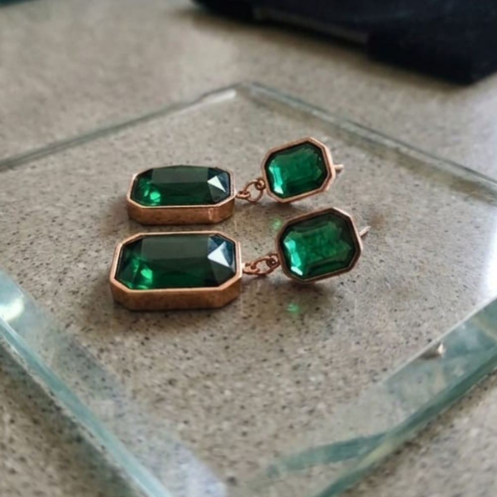 Deep Emerald Geometric Drops – 18K Rose Gold PVD Anti-Tarnish Statement Earrings