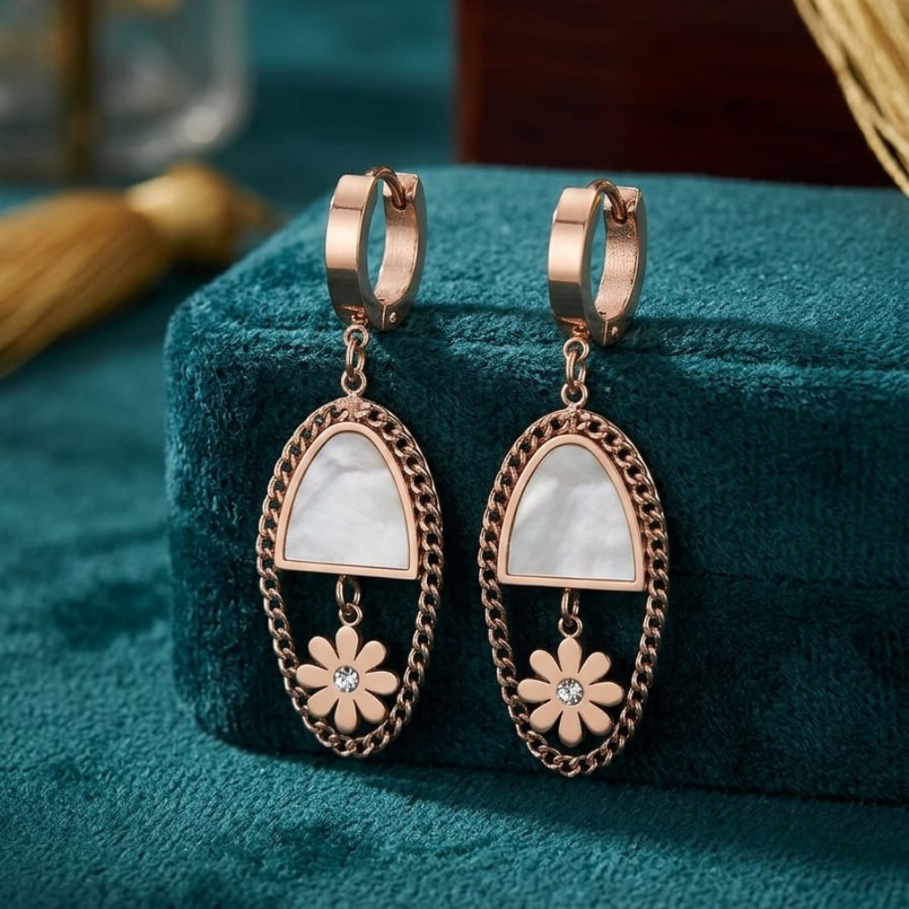 Artisan Mosaic Sun-Dial Drops – 18K Rose Gold PVD Anti-Tarnish Statement Earrings