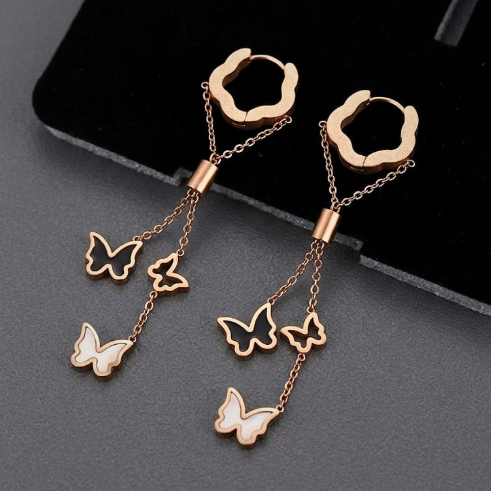Cascading Butterfly Tassel Drops – 18K Rose Gold PVD Anti-Tarnish Statement Earrings