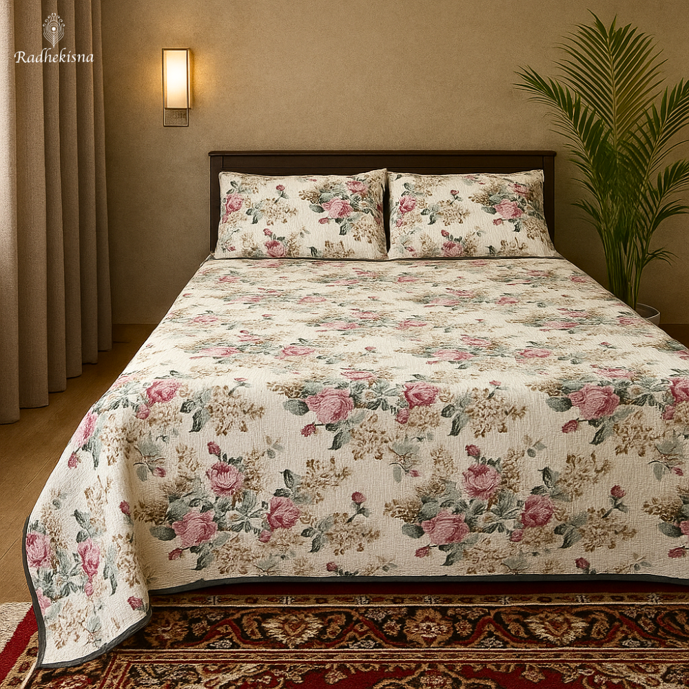 RadheKisna Heritage Gardenia Quilted Bed Cover Set – Reversible Botanical Luxury - Radhekisna
