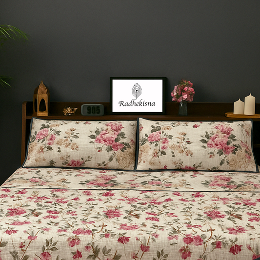 RadheKisna Heritage Gardenia Quilted Bed Cover Set – Reversible Botanical Luxury - Radhekisna