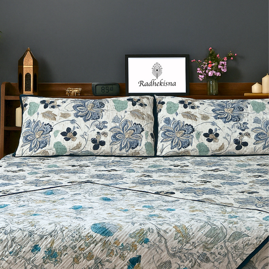 RadheKisna Floral Blue Reversible Quilted Bed Cover Set – Elegant Comfort - Radhekisna