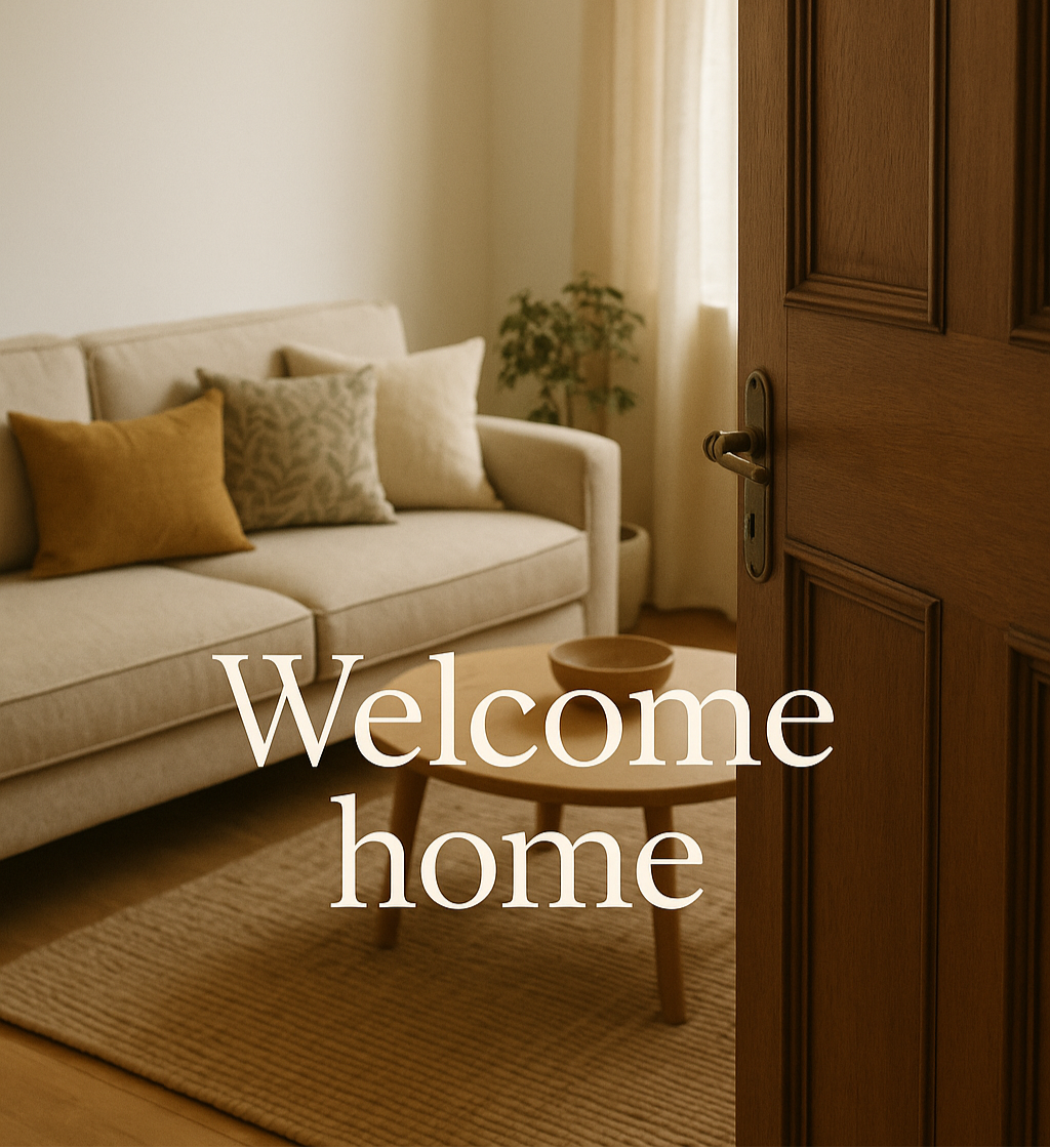 Living room with beige sofa, wooden coffee table, and 'Welcome home' text.