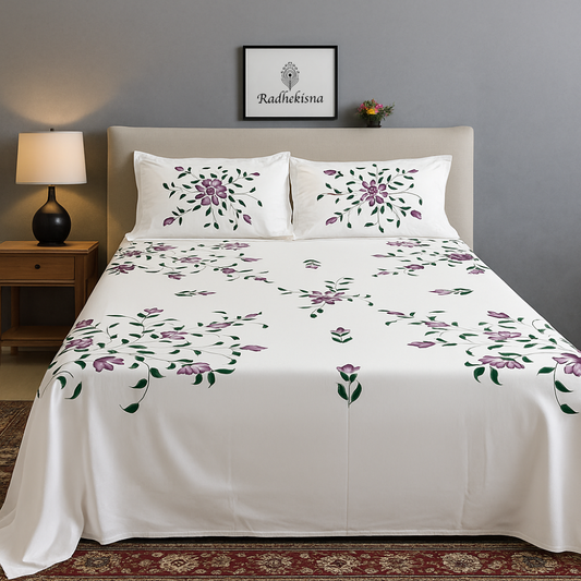 RadheKisna Violet Bloom King Bedsheet Set — Hand-Painted Floral Luxury - Radhekisna