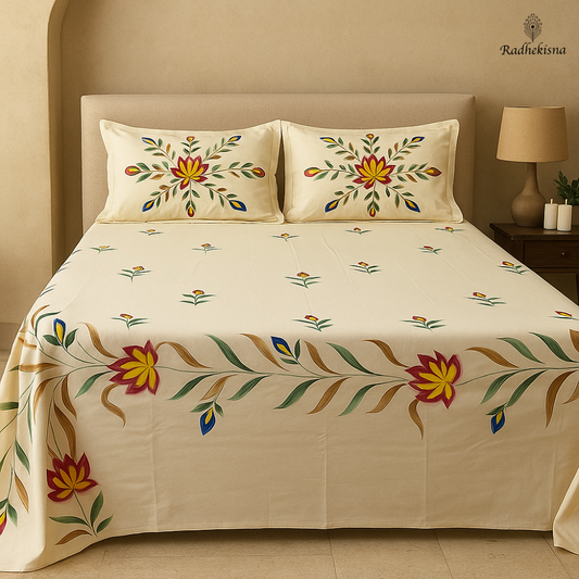 RadheKisna Folk Flora King Bedsheet Set — Hand-Painted Folk Art Elegance - Radhekisna