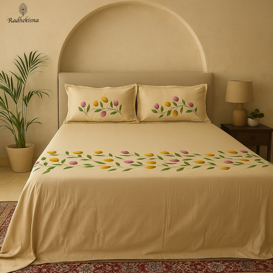 RadheKisna Painted Bloom King Bedsheet – Artistic Floral Luxury - Radhekisna