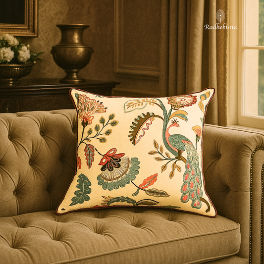 Peacock Bloom Cotton Cushion Cover (16x16") — Exotic Artistry | RadheKisna - Radhekisna