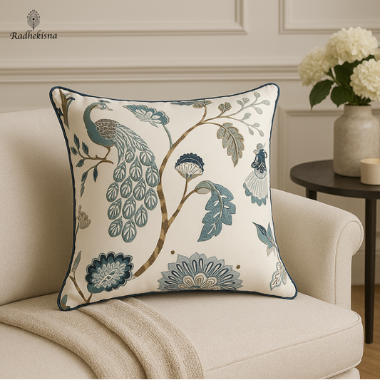 Regal Peacock Cotton Cushion Cover (16x16") — Majestic Grace | RadheKisna - Radhekisna