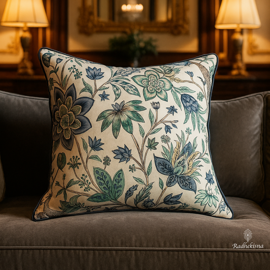 Indigo Bloom Cotton Cushion Cover (16x16") — Serene Elegance | RadheKisna - Radhekisna