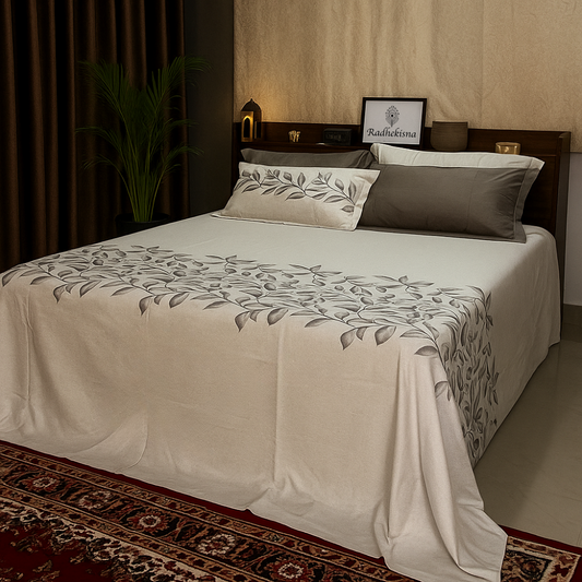 RadheKisna Grey Leaf Whisper King Bedsheet Set — Botanical Elegance in Premium 300-TC Cotton - Radhekisna