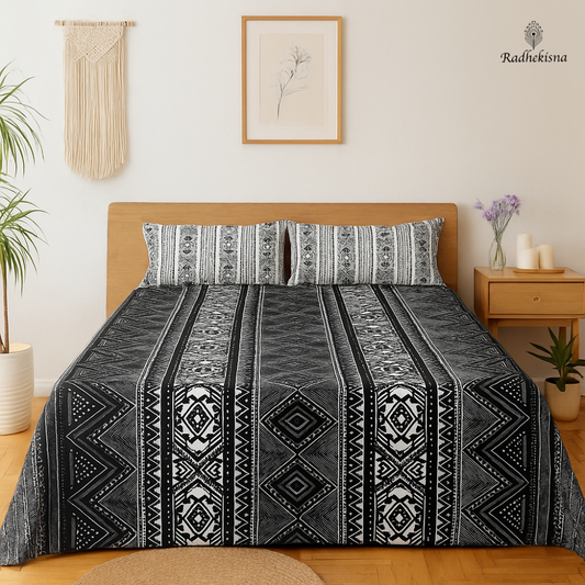 RadheKisna Filmy Monochrome Super King Bedsheet – Bold Black & White Luxury - Radhekisna