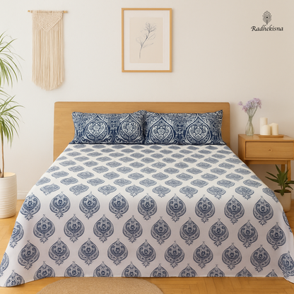 RadheKisna Indigo Paisley Super King Bedsheet – 100% Cotton Jaipuri Elegance - Radhekisna