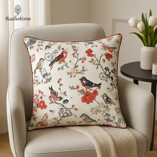Aviary Bloom Cotton Cushion Cover (24x24") — Nature’s Gentle Embrace | RadheKisna - Radhekisna