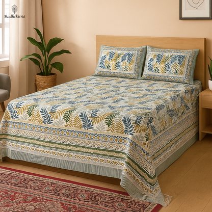 Radhekisna Heritage Leaf Weave King Bedsheet Set — 250 TC 100% Cotton - Radhekisna