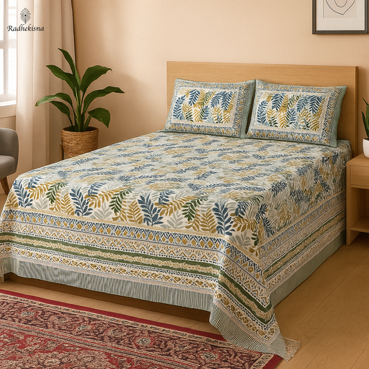 Radhekisna Heritage Leaf Weave King Bedsheet Set — 250 TC 100% Cotton - Radhekisna