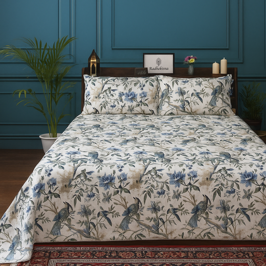 Radhekisna Shahenaz Blue King Bedsheet Set — 250 TC 100% Pure Cotton - Radhekisna