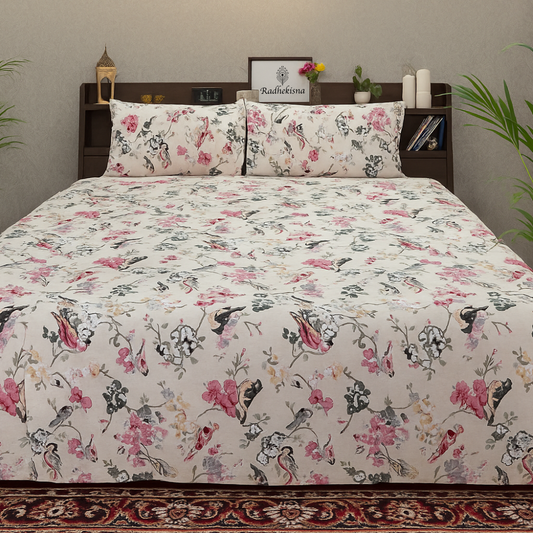 RadheKisna Floral Songbirds King Bedsheet Set — 250 TC 100% Pure Cotton - Radhekisna
