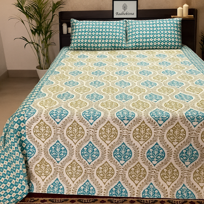 RadheKisna Azure Garden King Bedsheet Set – 100% Mercerized Cotton Floral Luxury - Radhekisna