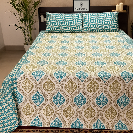 RadheKisna Azure Garden King Bedsheet Set – 100% Mercerized Cotton Floral Luxury - Radhekisna