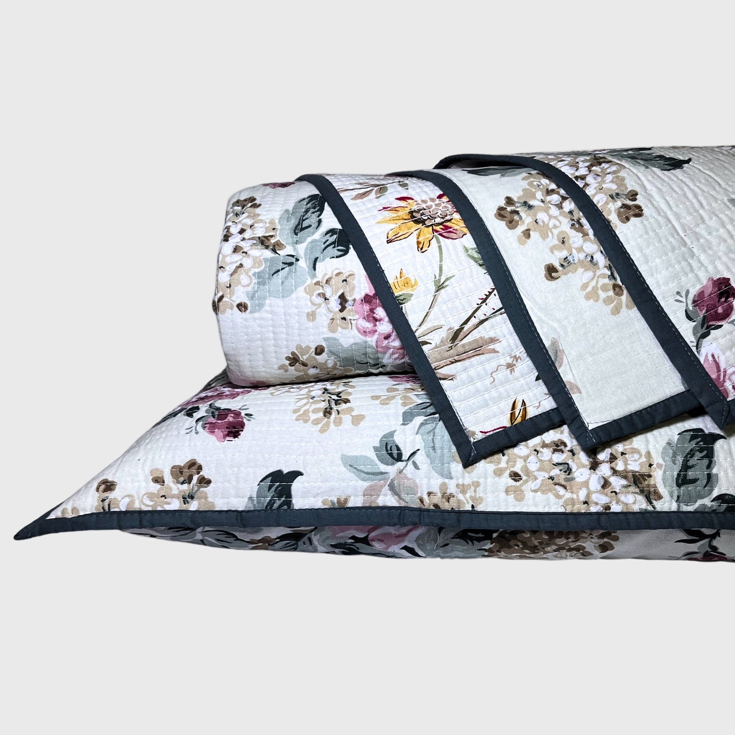 RadheKisna Heritage Gardenia Quilted Bed Cover Set – Reversible Botanical Luxury - Radhekisna