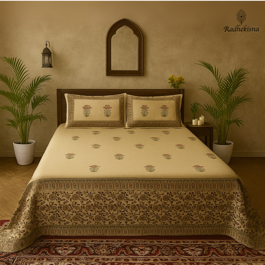RadheKisna Artisan Bloom King Bedsheet Set — 300 TC 100% Cotton - Radhekisna