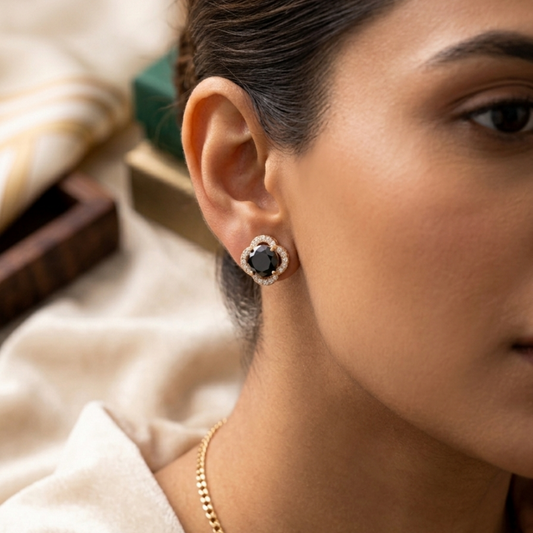 Midnight Bloom Onyx Studs – 18K Rose Gold PVD Anti-Tarnish Daily Earrings