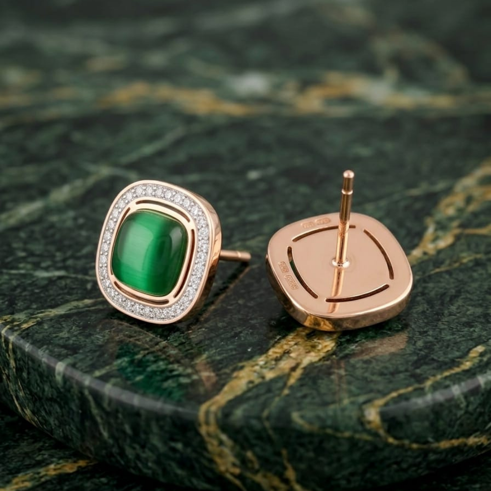 Emerald Heritage Square Studs – 18K Rose Gold PVD Anti-Tarnish Daily Earrings