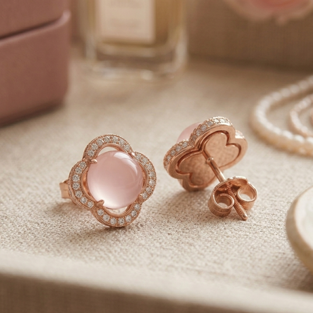 Blush Quartz Clover Studs – 18K Rose Gold PVD Anti-Tarnish Daily Earrings