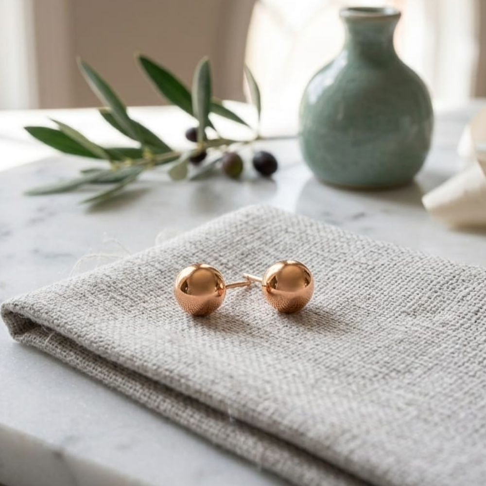 Golden Orbit Sphere Studs – 18K Rose Gold PVD Anti-Tarnish Daily Earrings