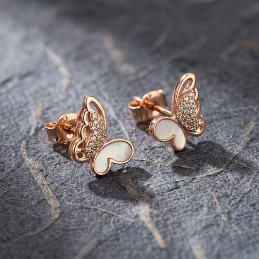 Pearl Accented Butterfly Drops – 18K Rose Gold PVD Anti-Tarnish Statement Earrings