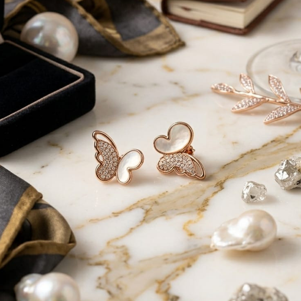 Pearl Accented Butterfly Drops – 18K Rose Gold PVD Anti-Tarnish Statement Earrings