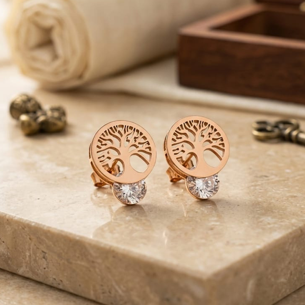 Tree of Life Medallion Studs – 18K Rose Gold PVD Anti-Tarnish Daily Earrings
