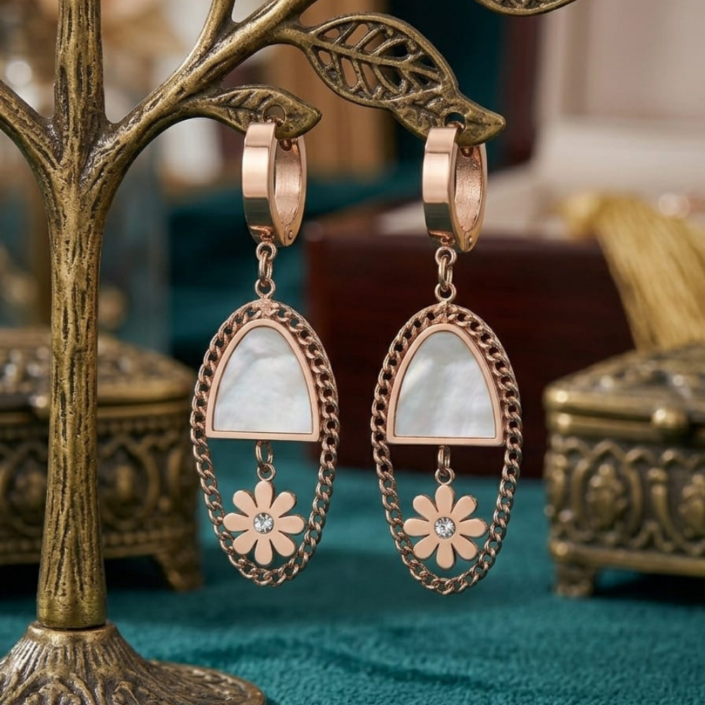 Artisan Mosaic Sun-Dial Drops – 18K Rose Gold PVD Anti-Tarnish Statement Earrings